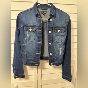 New Look Distress Denim Jean Jacket Women's size Small Dark Wash Trucker